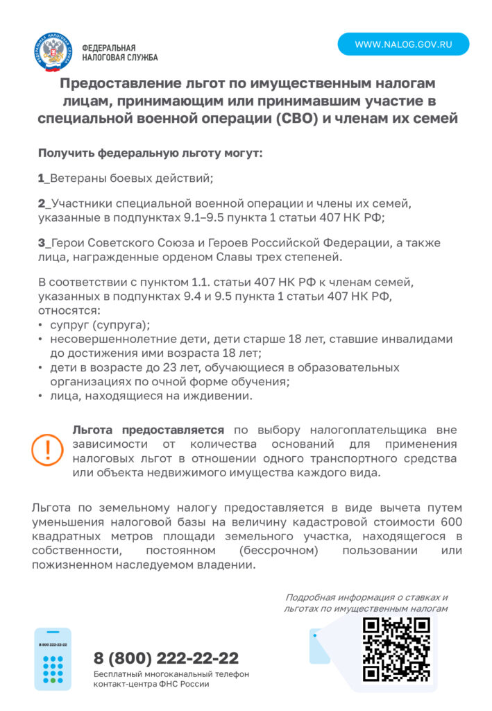 Предоставление льгот по имущественным налогам лицам, принимающим или принимавшим участие в специальной  военной операции (СВО) и членам их семей.